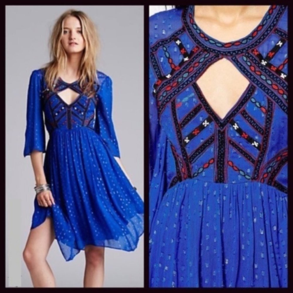 Free People All You Need Dress S NWOT Embroidered Chiffon Cut-Out Bell Sleeves - Picture 5 of 7